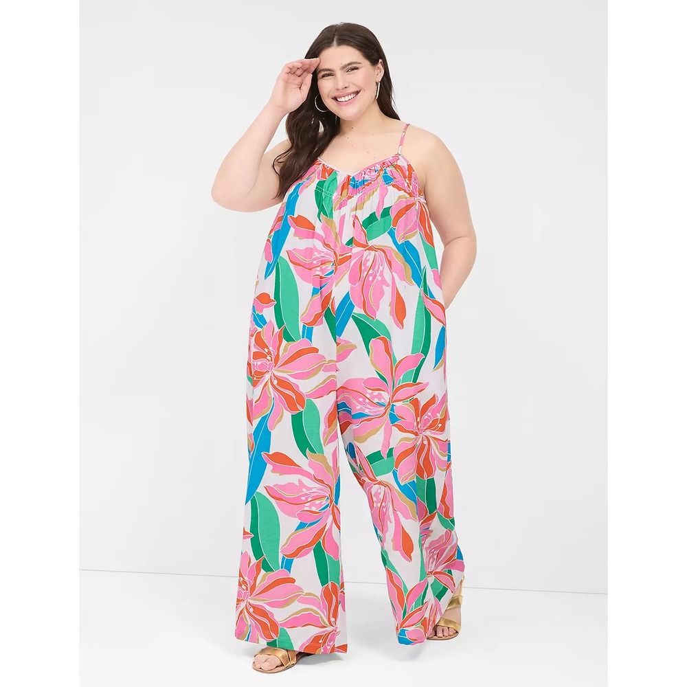 Lane Bryant Sleeveless‎ Smocked V-Neck Jumpsuit Size 26/28 100% Cotton Floral